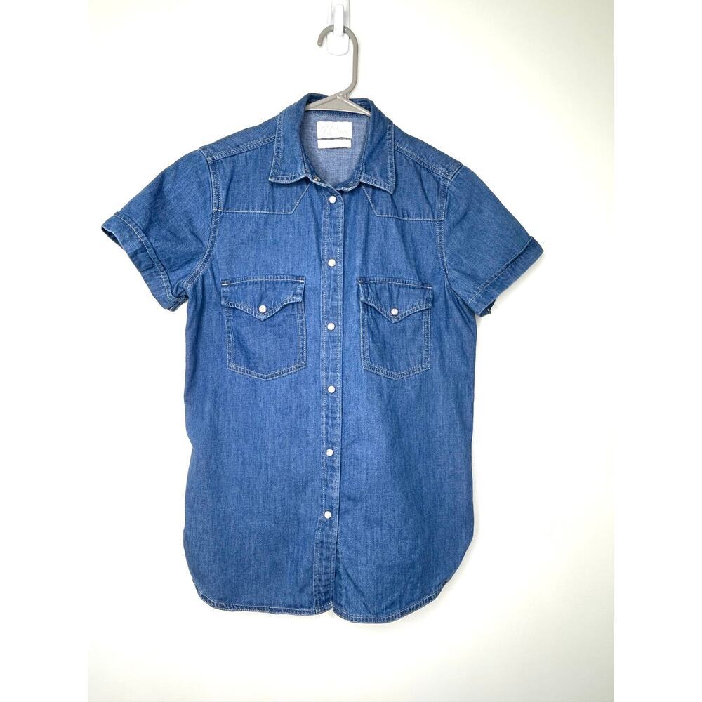 J. Crew Classic Fit Short Sleeve Western Chambray Shirt Sz 0 Pearl Snaps Preppy